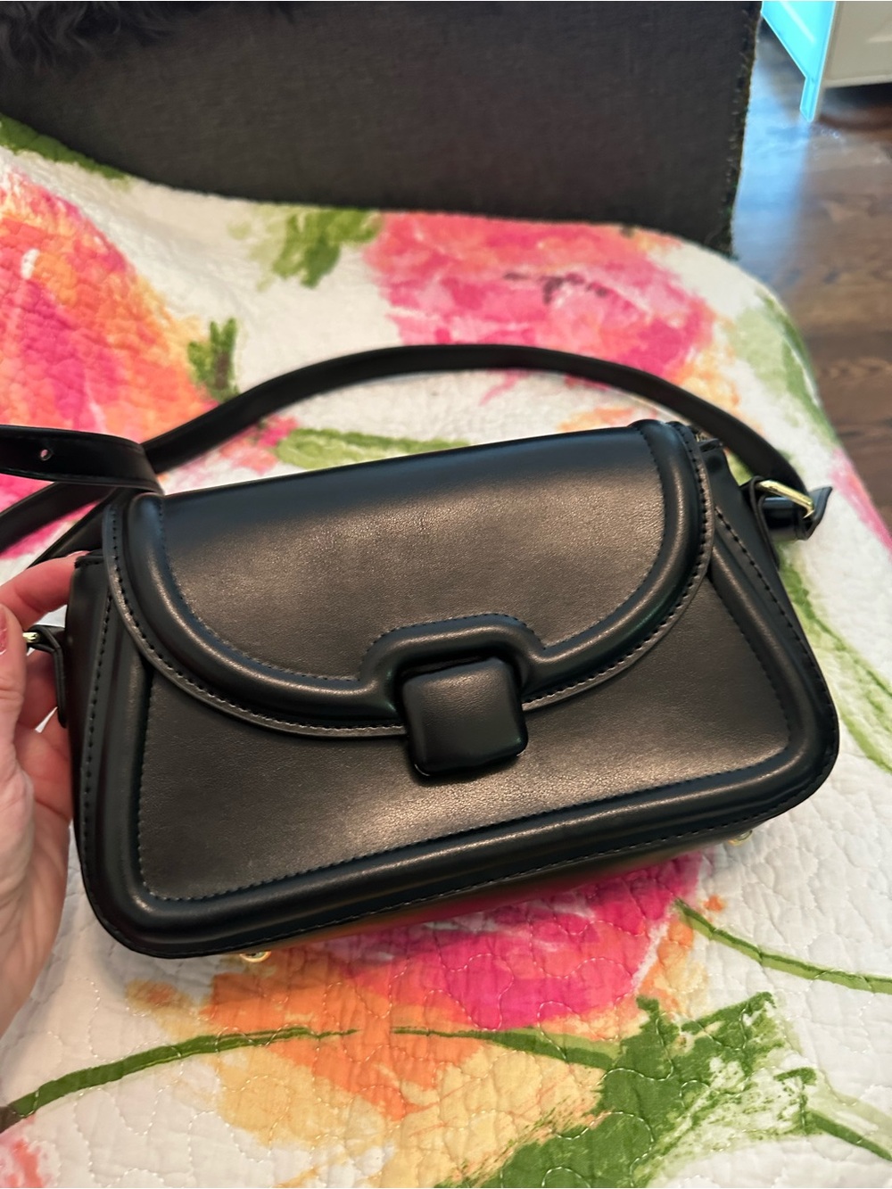 Black Leather Crossbody Bag with Curved Flap